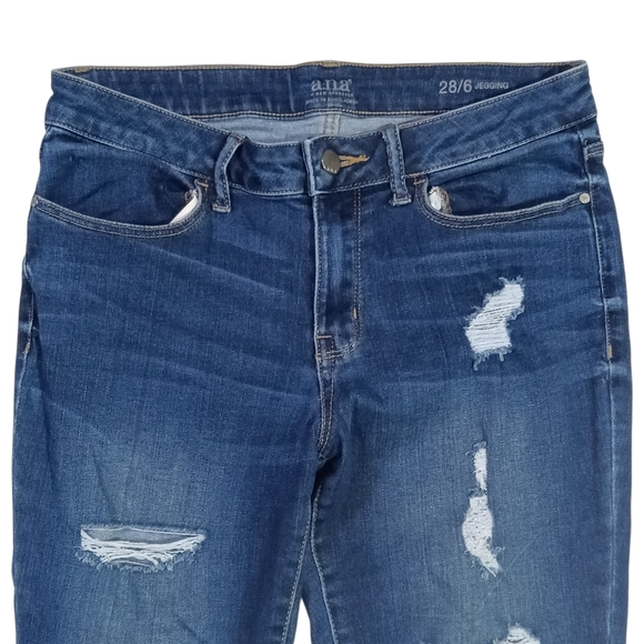 a.n.a Dark Blue Distressed Skinny Jeggings Jeans 28/6 Raw Hem Holes - Picture 2 of 8